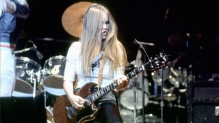 Guitarist Lita Ford of the rock band "The Runaways" performs on stage in Los Angeles in 1977