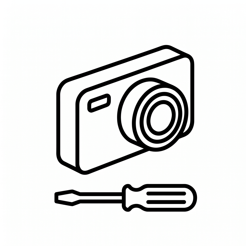 A monochrome dash cam and a screwdriver on a white background