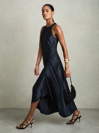 Satin Shirred Midi Dress in Navy