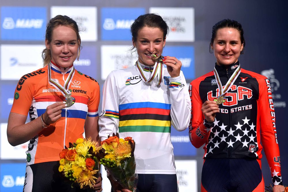 Elizabeth Armitstead (Great Britain) on the podium with Anna Van Der Breggen (Netherlands) and Megan Guarnier (United States Of America)