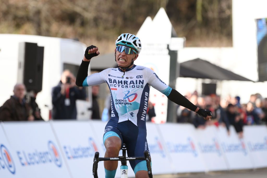 MONT BROUILLY FRANCE MARCH 06 Santiago Buitrago of Colombia and Team Bahrain Victorious celebrates at finish line as stage winner during the 82nd Paris Nice 2024 Stage 4 a 183km stage from ChalonsurSane to Mont Brouilly 476m UCIWT on March 06 2024 in Mont Brouilly France Photo by Alex BroadwayGetty Images
