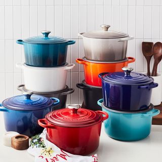 Le Creuset Deep Dutch oven collection in white kitchen