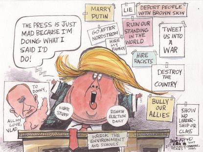 Political Cartoon U.S. Donald Trump press campaign Putin Twitter immigrants wall