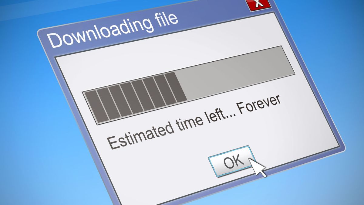 A download window that has partially loaded, with text reading: &quot;Estimated time left...forever&quot;