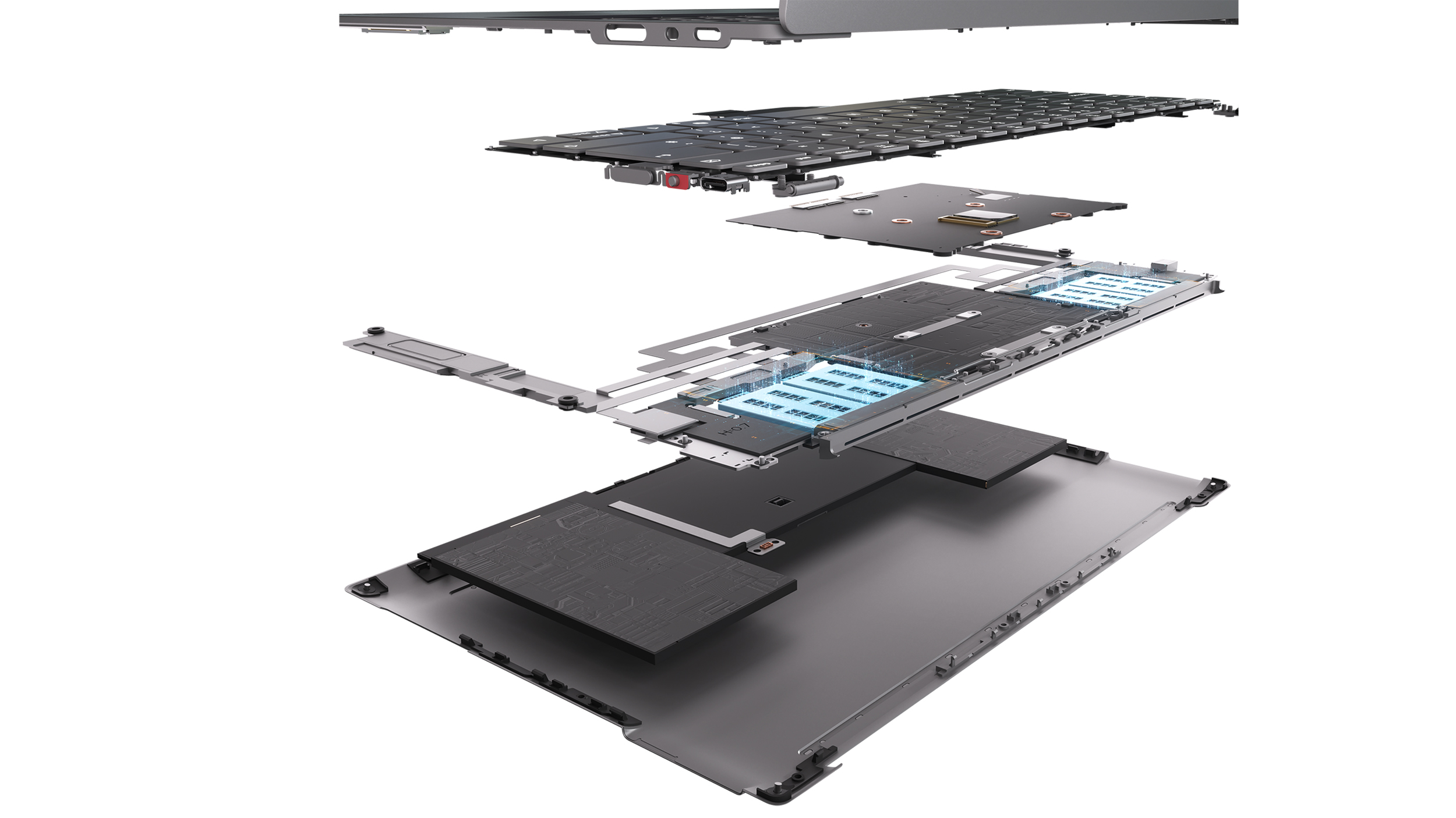 Exploded diagram revealing the internal layers, motherboard, and Frore AirJet solid-state cooling modules of a Lenovo AeroBlade concept laptop.