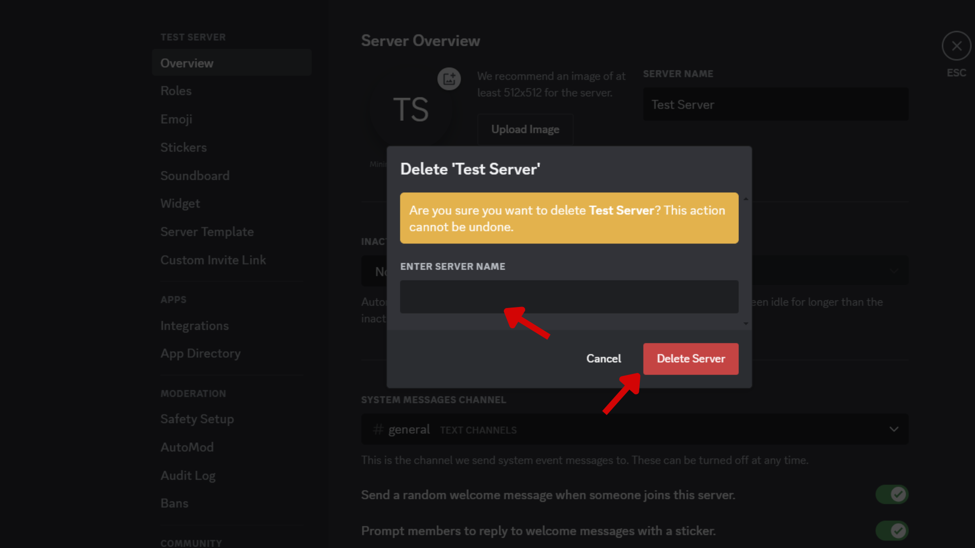 Screenshot della pagina delle impostazioni del server per l'app Web Discord con le frecce rosse che puntano alla casella di testo 