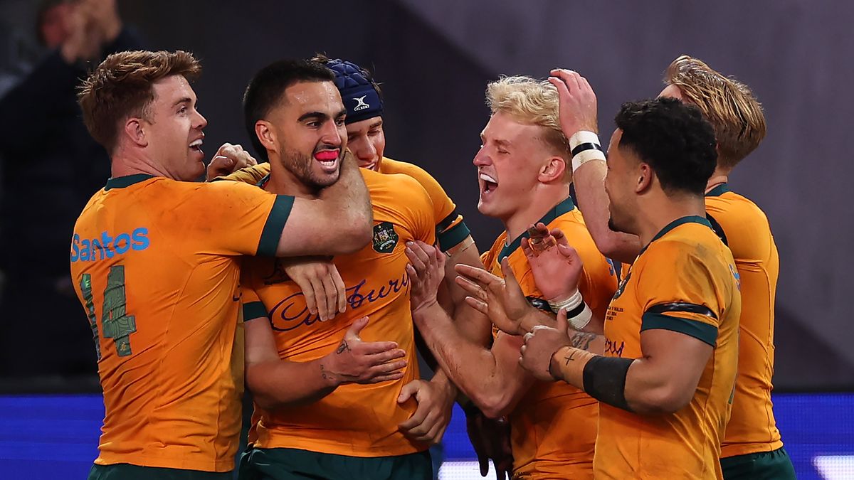 om Wright of the Wallabies celebrates with team mates ahead of Australia vs Wales live stream: Summer Internationals 2024 2nd Test