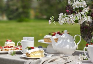 An outdoor afternoon tea setup with Victoria Sponge cake and a large white tea pot.
