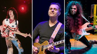 (from left) Eddie Van Halen, Dweezil Zappa and Yngwie Malmsteen performing onstage