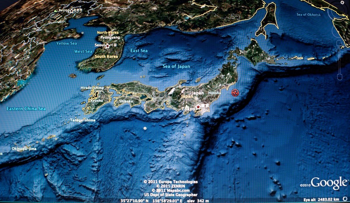 A Google satellite map shows where the 2011 Tohoku earthquake struck off Japan.