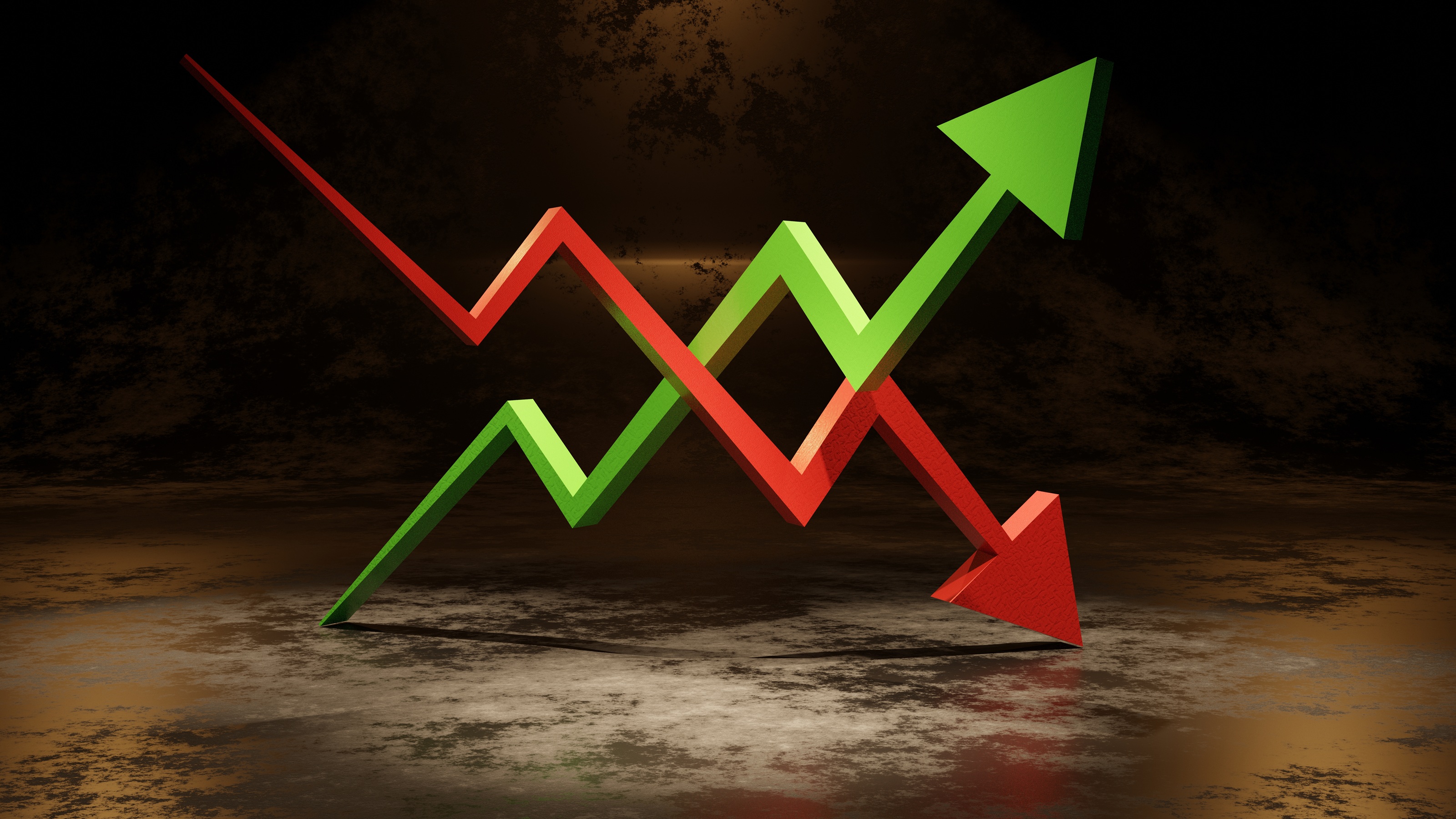 Red and green arrows going up and down and crossing each other.