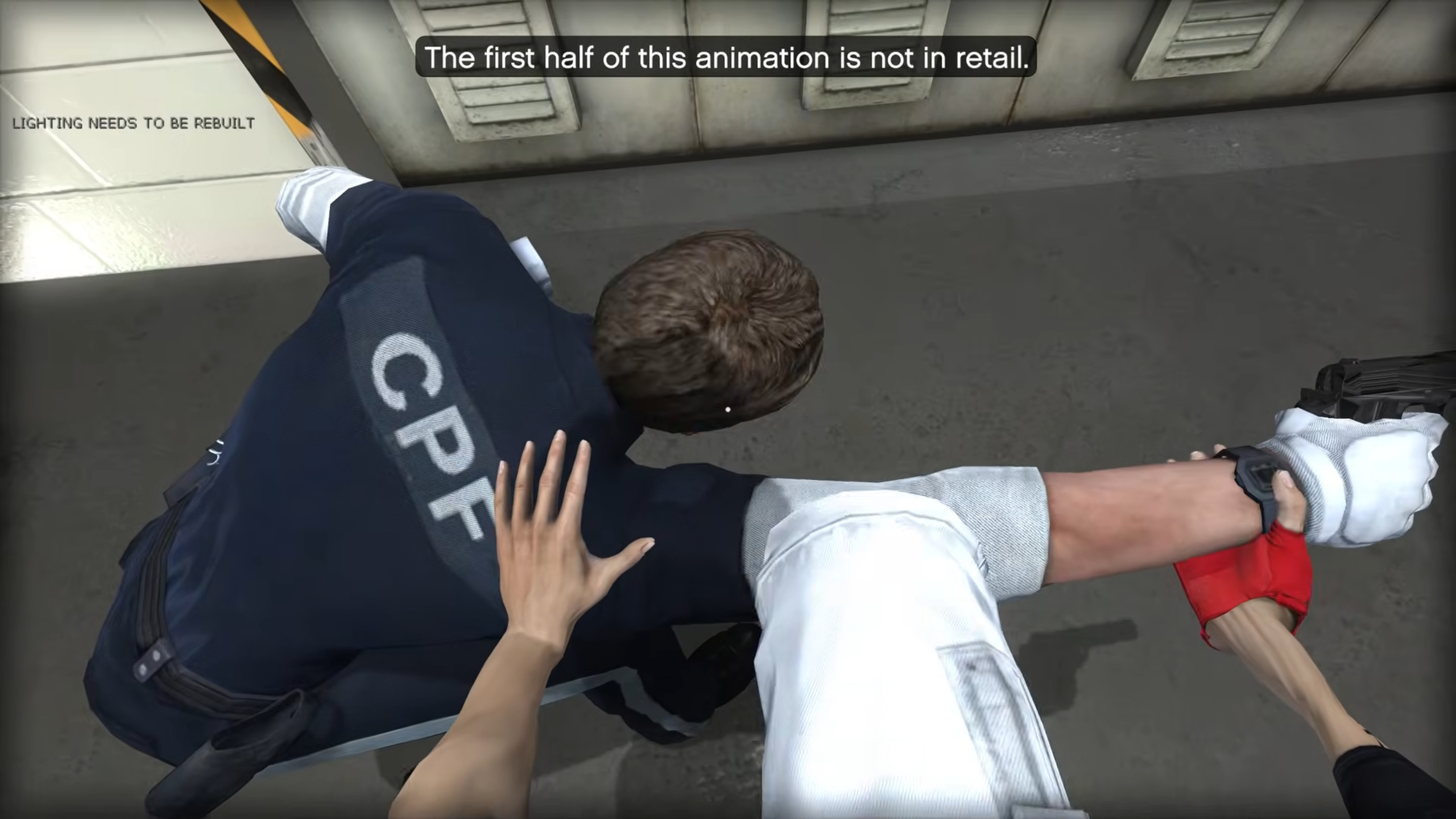 Faith with her leg against a CPF officer's arm, about to break it.