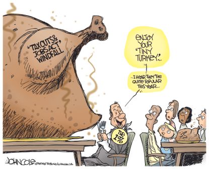 Political cartoon U.S. Thanksgiving tax cuts jobs act the one percent tiny turkey
