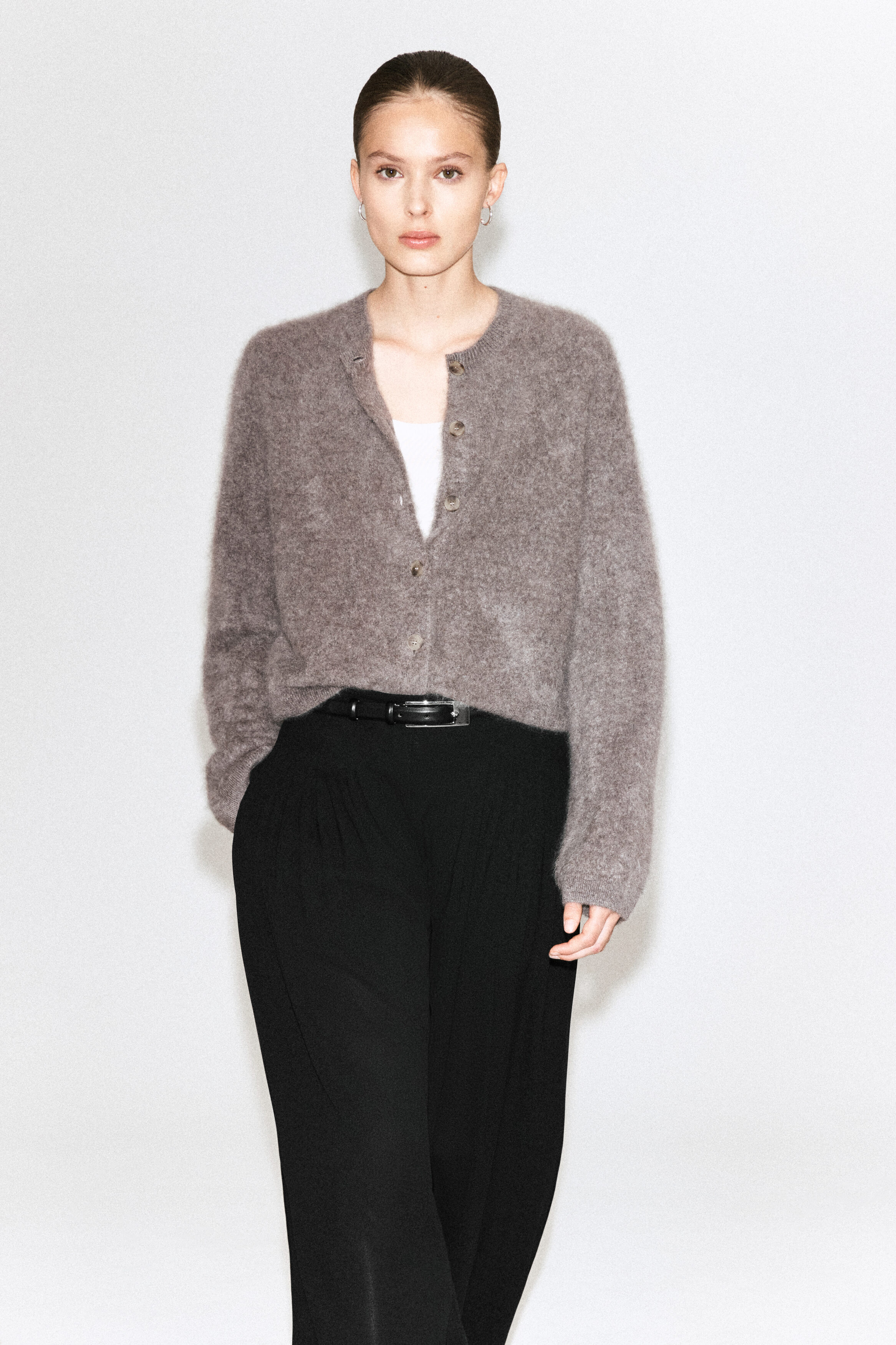 Brushed-Cashmere Crew-Neck Cardigan