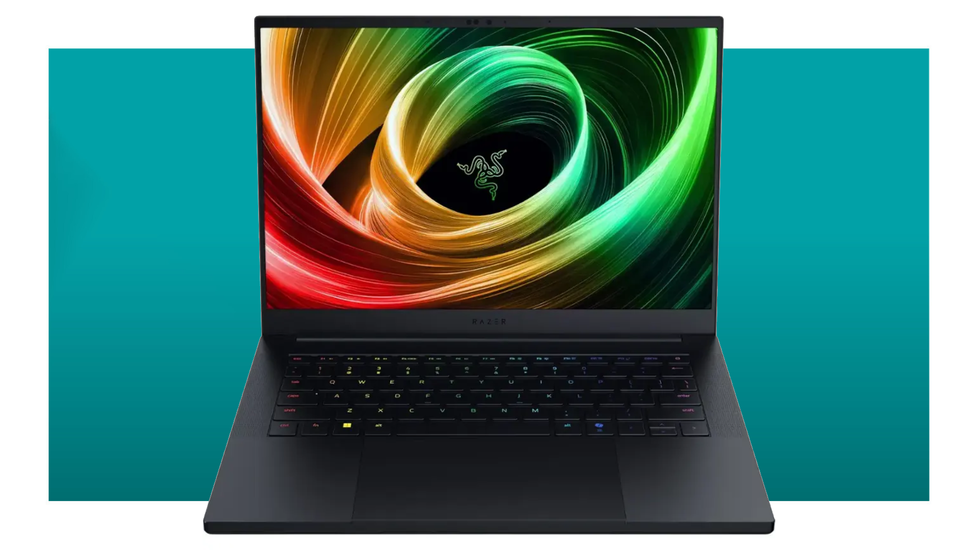 The Razer Blade 14 gaming laptop floats in a void.