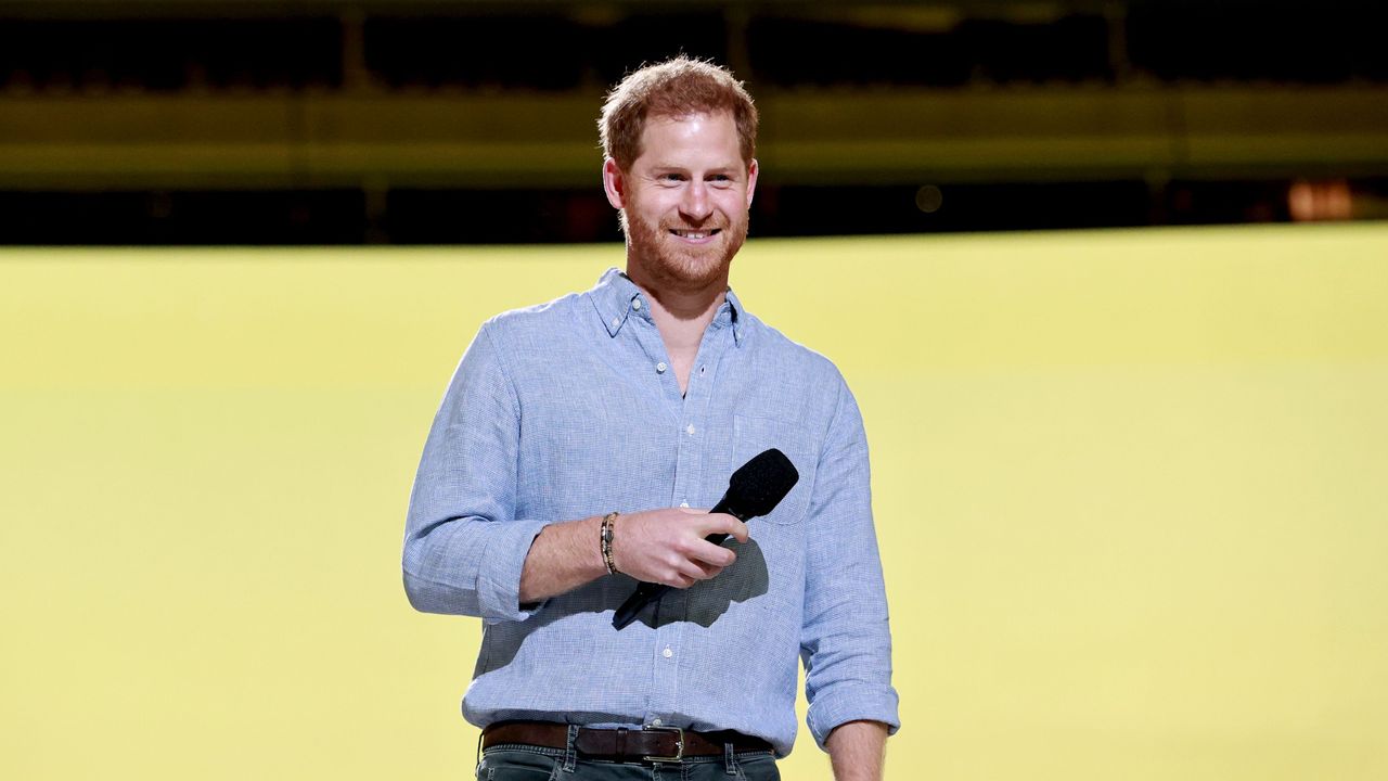 inglewood, california in this image released on may 2, prince harry, the duke of sussex speaks onstage during global citizen vax live the concert to reunite the world at sofi stadium in inglewood, california global citizen vax live the concert to reunite the world will be broadcast on may 8, 2021 photo by emma mcintyregetty images for global citizen vax live