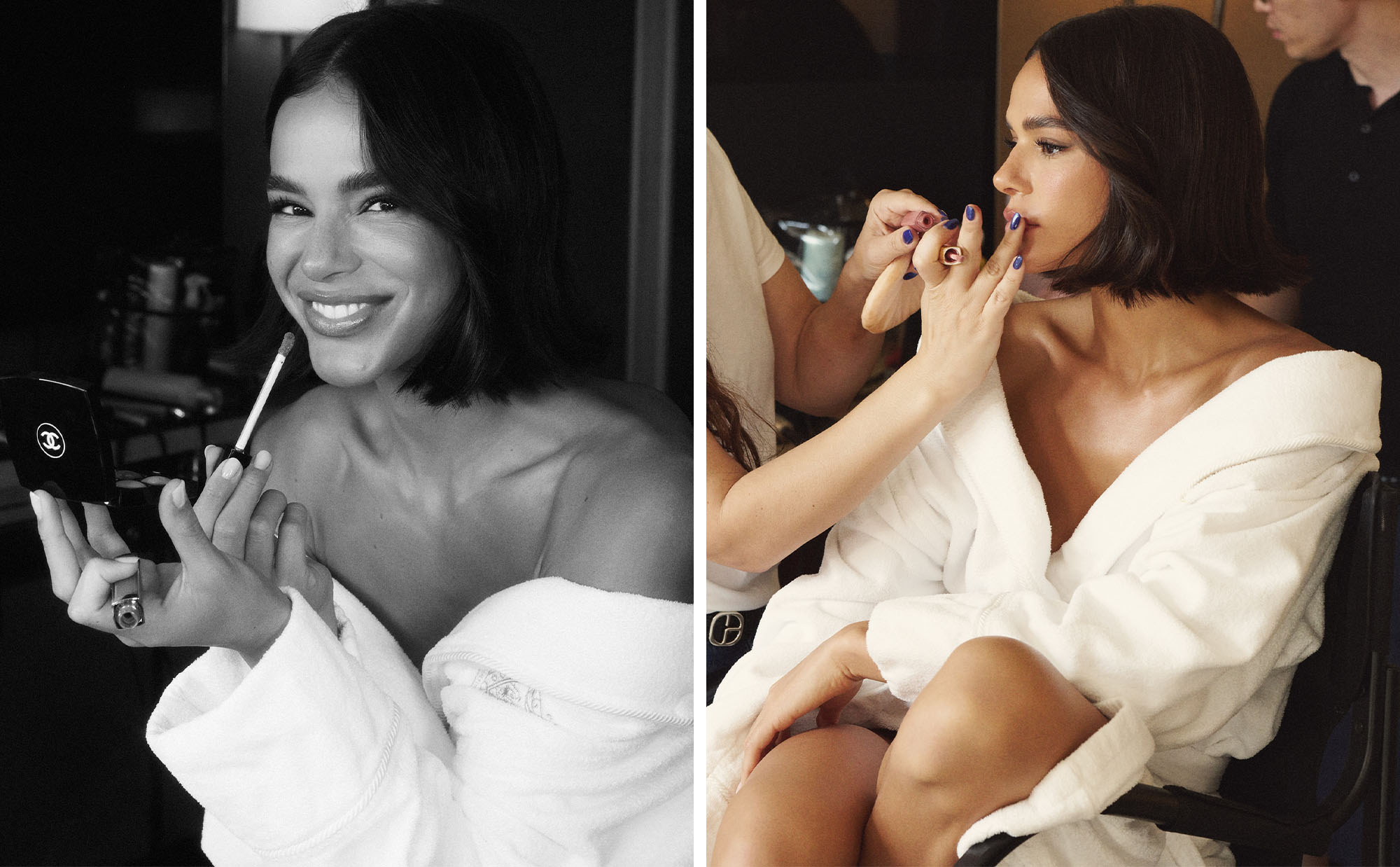 Bruna Marquezine photographed by Dennis Leupold for Who What Wear getting ready for the 2026 Academy Awards. Bruna is seen getting her makeup done in a white robe.