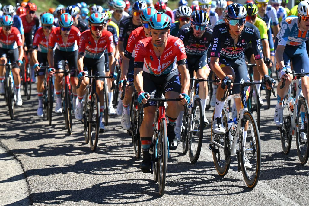 OUREM PORTUGAL AUGUST 18 LR Victor Campeanerts of Belgium and Team Lotto Dstny Patrick Gamper of Austria and Team Red Bull Bora hansgrohe and Enzo Leijnse of The Netherlands and Team dsmFirmenich PostNL compete during the 79th La Vuelta Ciclista a Espana 2024 Stage 2 a 194km stage from Cascais to Ourem UCIWT on August 18 2024 in Ourem Portugal Photo by Tim de WaeleGetty Images