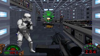 Still from the video game Star Wars: Dark Forces. The room is a futuristic computer room designed in a 2.5D pixel art style. You are holding a big gun and shooting an enemy in front of you. There is a stormtrooper to the left. At the back of the room there is a star map hologram.