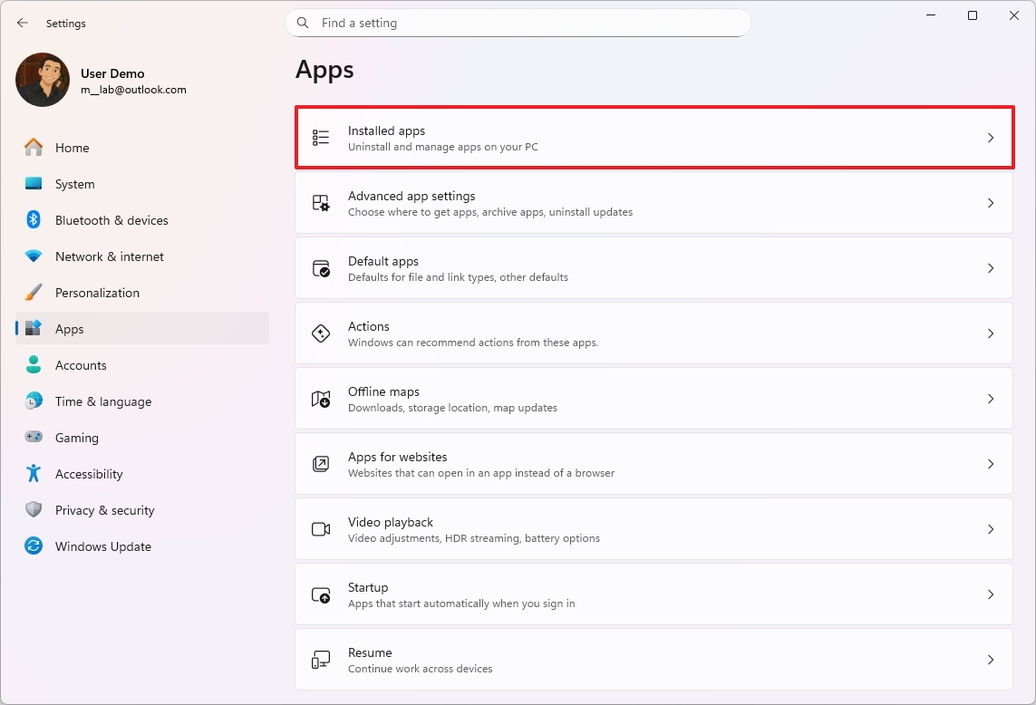 Installed apps settings