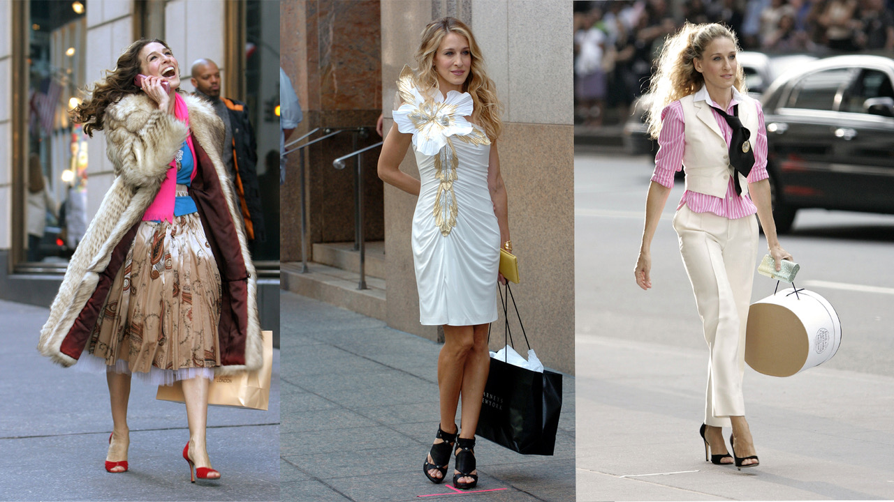 tři složené obrázky Carrie Bradshaw na vysokých podpatcích