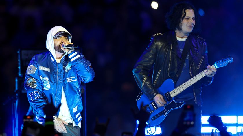 Eminem and Jack White perform during halftime of a Thanksgiving NFL football game between the Detroit Lions and the Green Bay Packers at Ford Field on November 27, 2025 in Detroit, Michigan