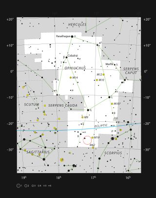 This chart shows the location of Barnard 59 in the constellation of Ophiuchus (The Serpent Bearer). This map shows most of the stars visible to the unaided eye under good conditions, and Barnard 59 itself is highlighted with a red circle on the image. This dark nebula is part of the Pipe Nebula, which appears as a dark feature in the Milky Way and can be seen well with the unaided eye under good conditions.