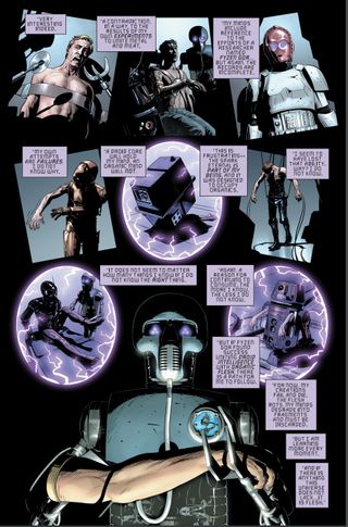 page from a comic book showing a menacing humanoid droid.
