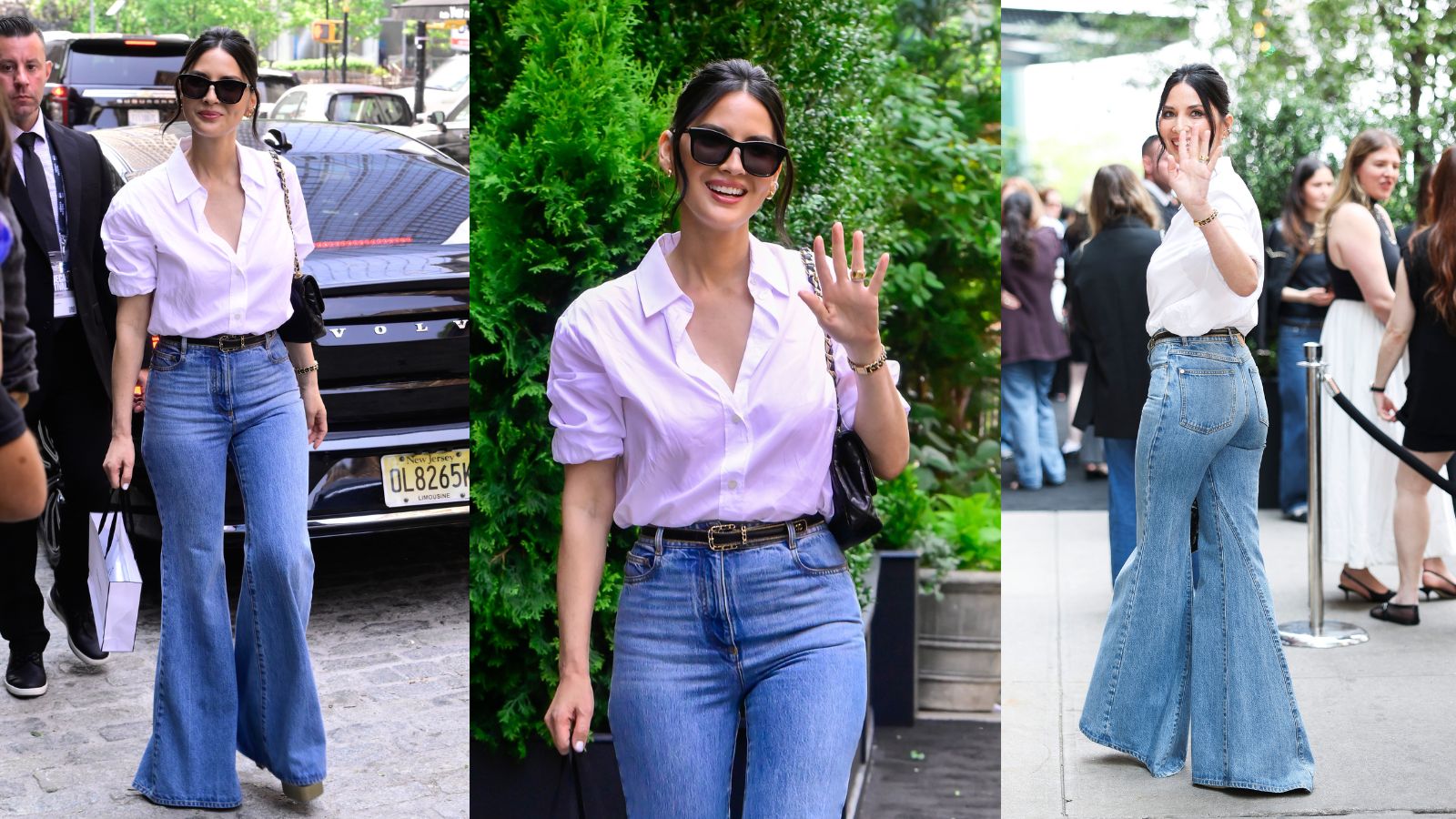 Olivia Munn in flared jeans and a white shirt