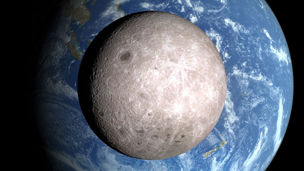 An artist&#039;s depiction of the far side of the moon and Earth.