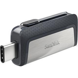SanDisk flash drive with USB-C and USB-A connectors. 