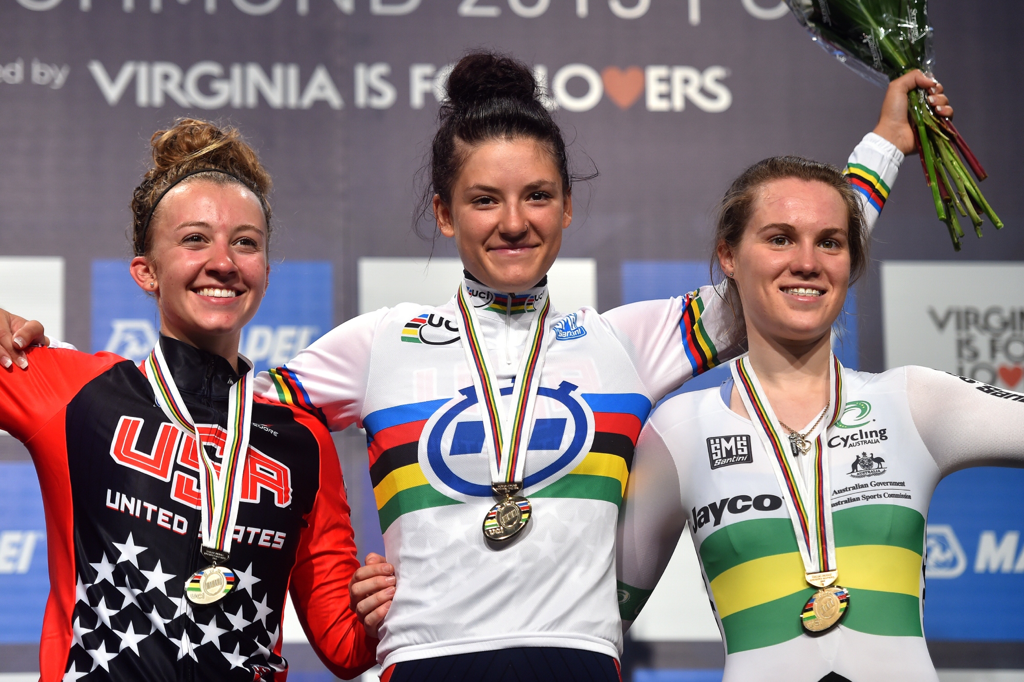 Two Team USA riders, Emma White and Chloe Dygert, on the podium at junior worlds in 2015