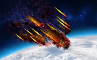 An artist's concept of China's Tiangong-1 space station prototype burning up in Earth's atmosphere during its fiery fall back to Earth overnight on April 1-2, 2018.