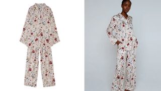 cut out and model dressed in lily and lionel white pajamas with spring floral print