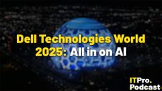 The text "Dell Technologies World 2025: All in on AI" on an artistically-blurred photo of the Las Vegas Sphere displaying Dell imagery. The words "Dell Technologies World 2025:" are in yellow while the rest are in white. The ITPro Podcast logo is shown in the bottom right corner.