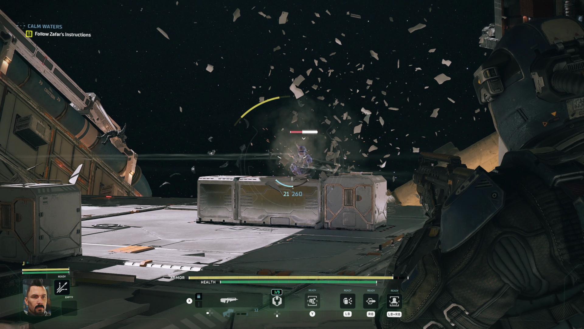Screenshot from The Expanse: Osiris Reborn showing third-person shooter combat in a sci-fi base.