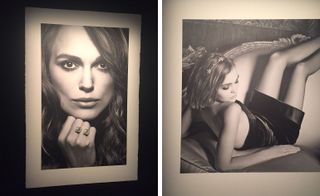 Close up view of two black and white photos - one of Keira Knightley's face and hand with a ring and another of a model posing on a chair wearing a star headband