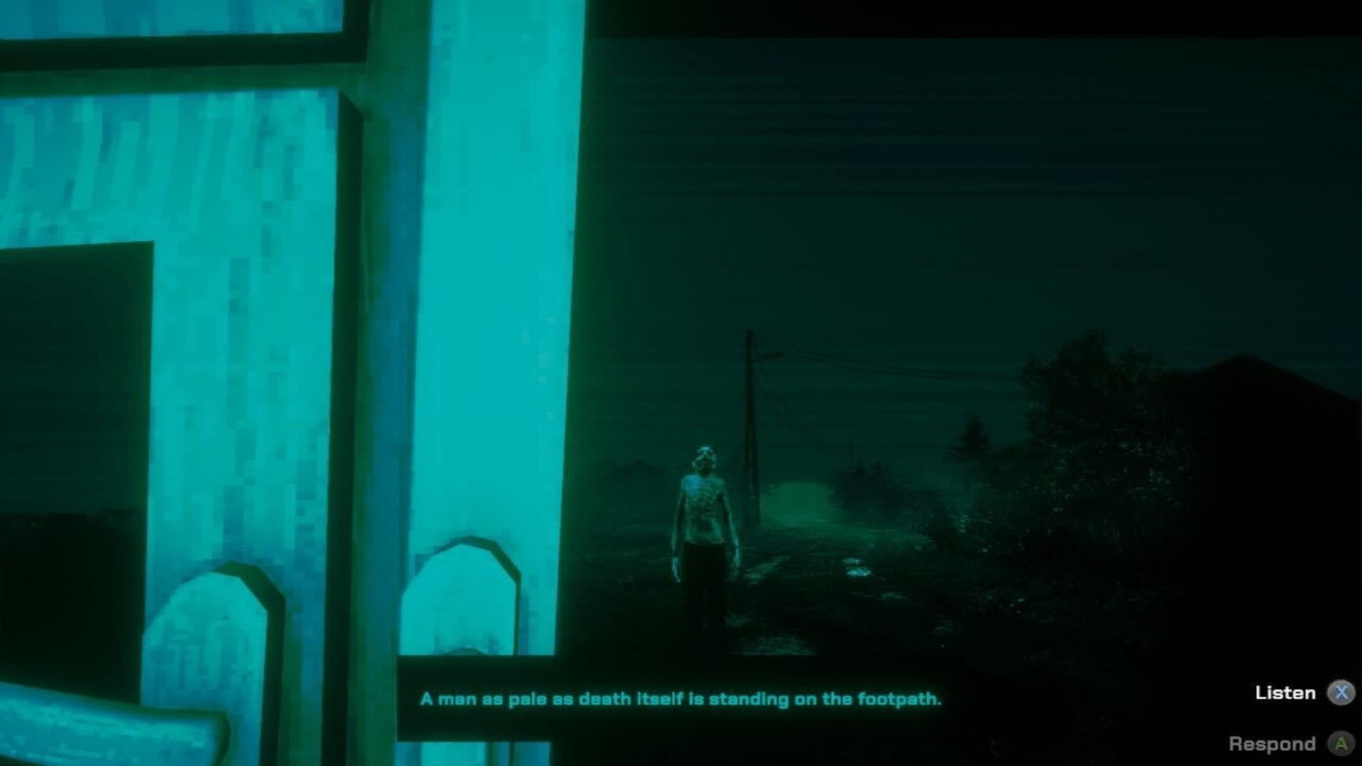 No, I'm Not a Human screenshot showing "A man as pale as death itself standing on the footpath"