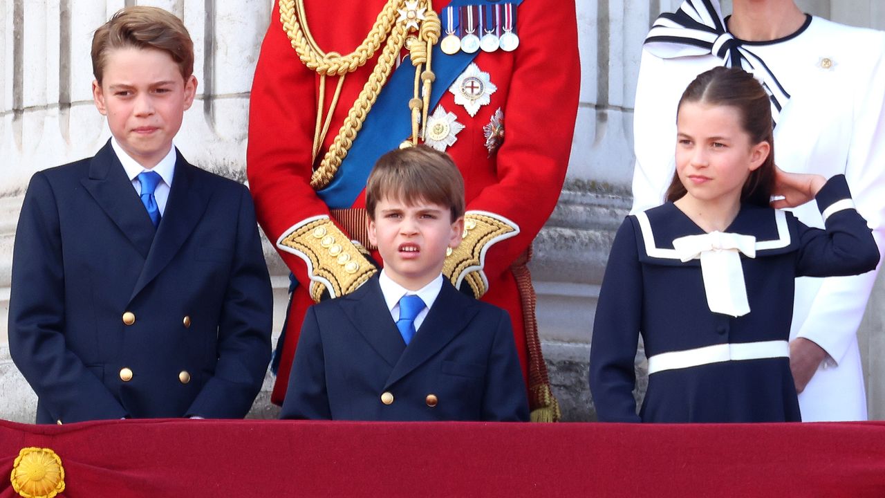 Prince George of Wales, Prince Louis of Wales and Princess Charlotte of Wales on the balcony during Trooping the Colour at Buckingham Palace on June 15, 2024