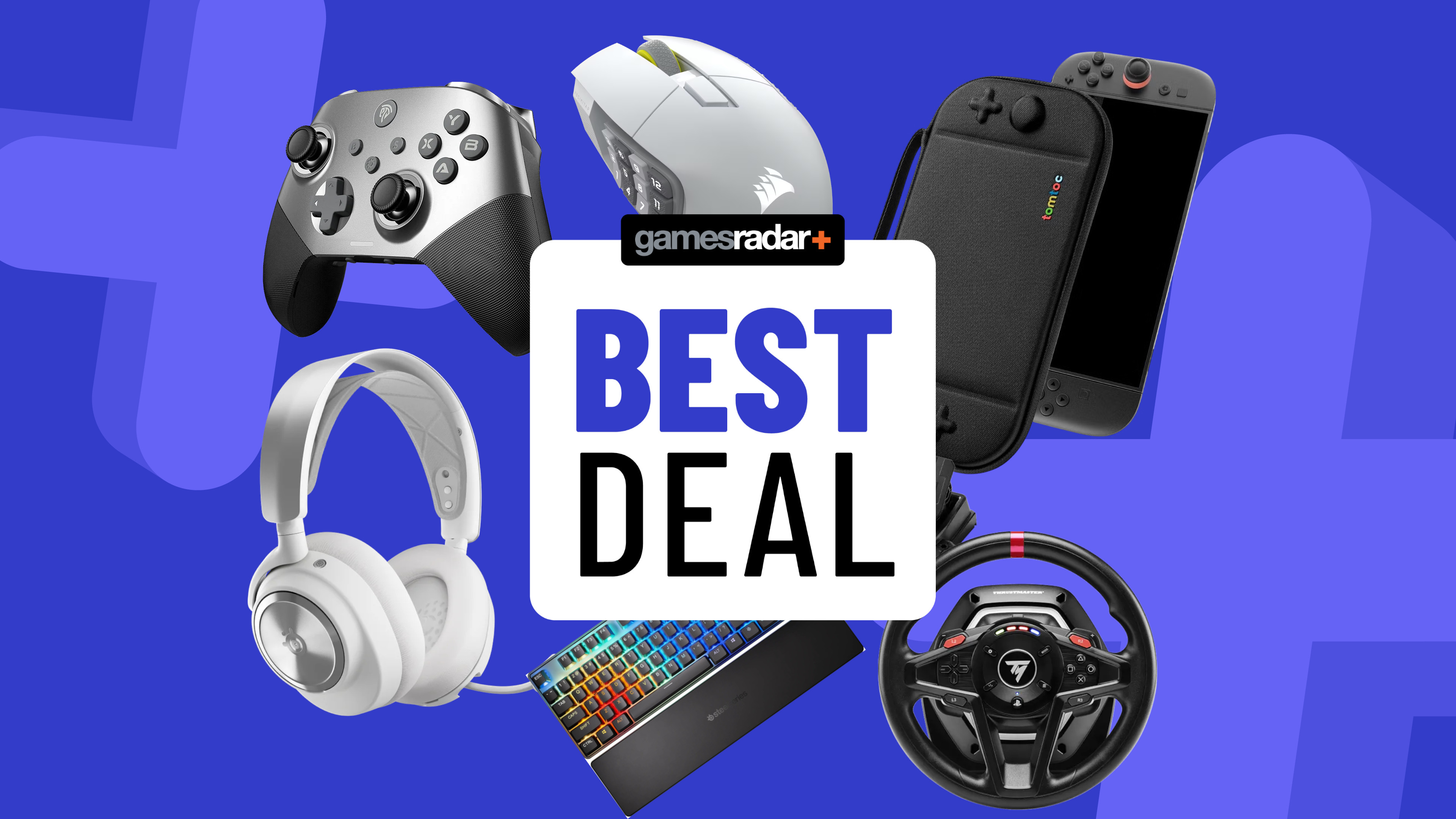 Gaming accessories on a blue background with best deal badge in the middle