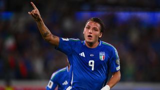 Mateo Retegui of Italy celebrates with teammates after scoring his team's second goal during the FIFA World Cup 2026 qualifier match between Italy and Estonia at Stadio di Bergamo on September 05, 2025 in Bergamo, Italy. 