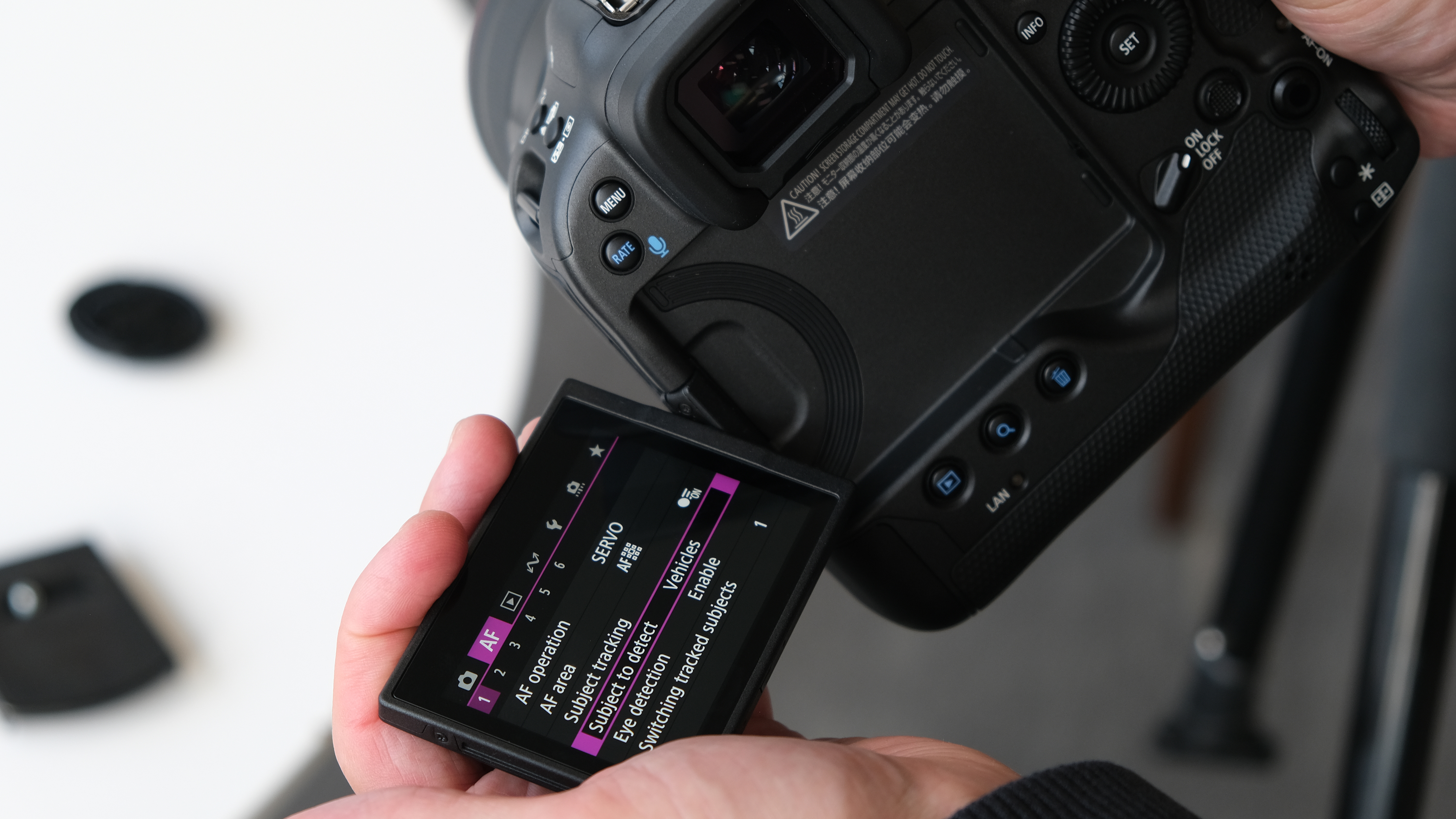 The vari-angle screen of the Canon EOS R3 mirrorless camera