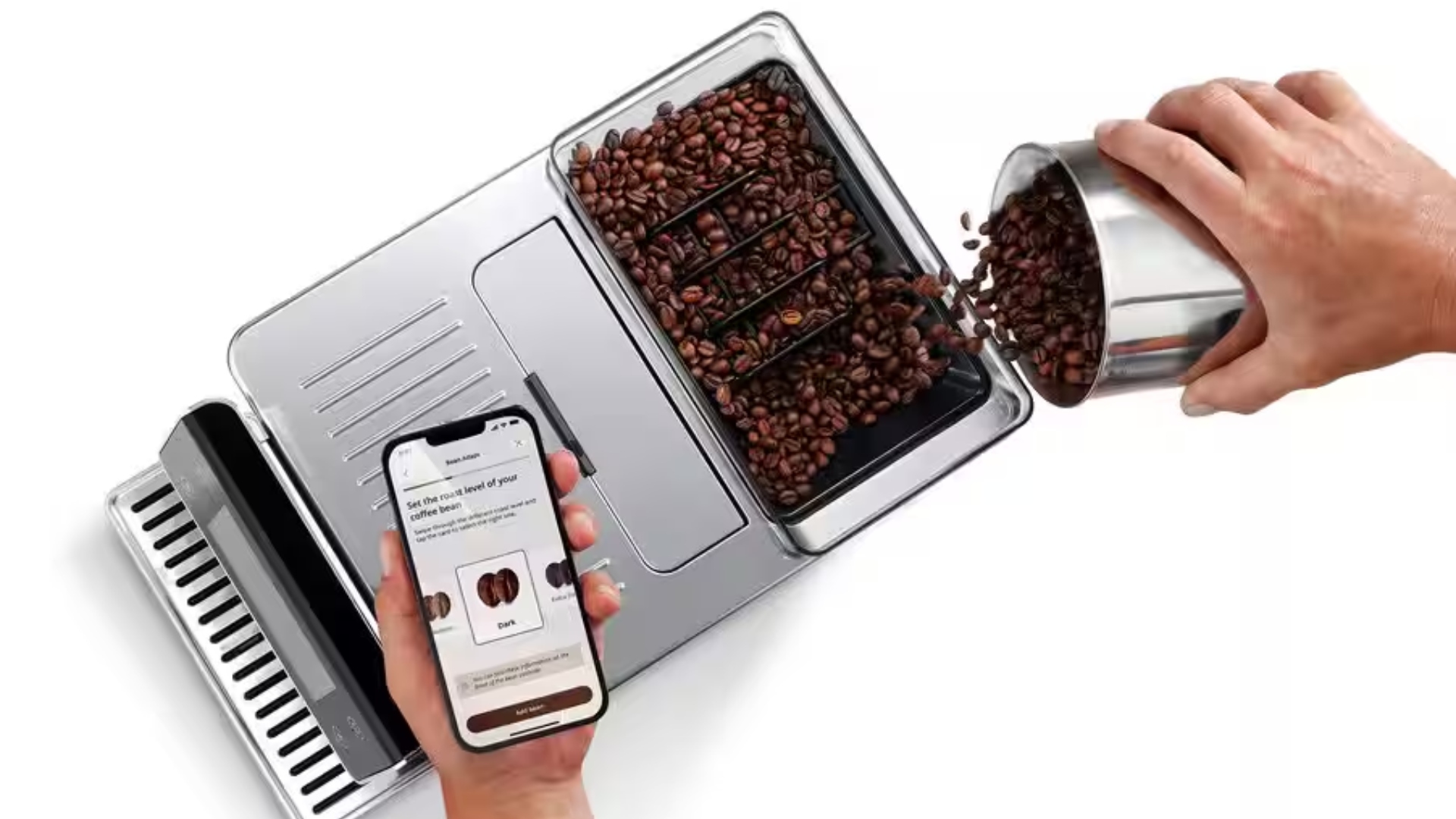 The De'Longhi coffee app while pouring beans into a machine