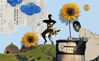 collage picture with blue sky and yellow flower