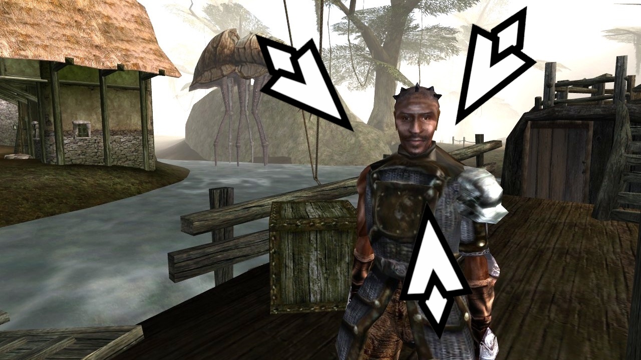 Guy on the boat at the start of Morrowind, quest markers arranged around his head.