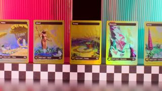 MTG Aetherdrift collector cards on a racing strip, against a red and green background