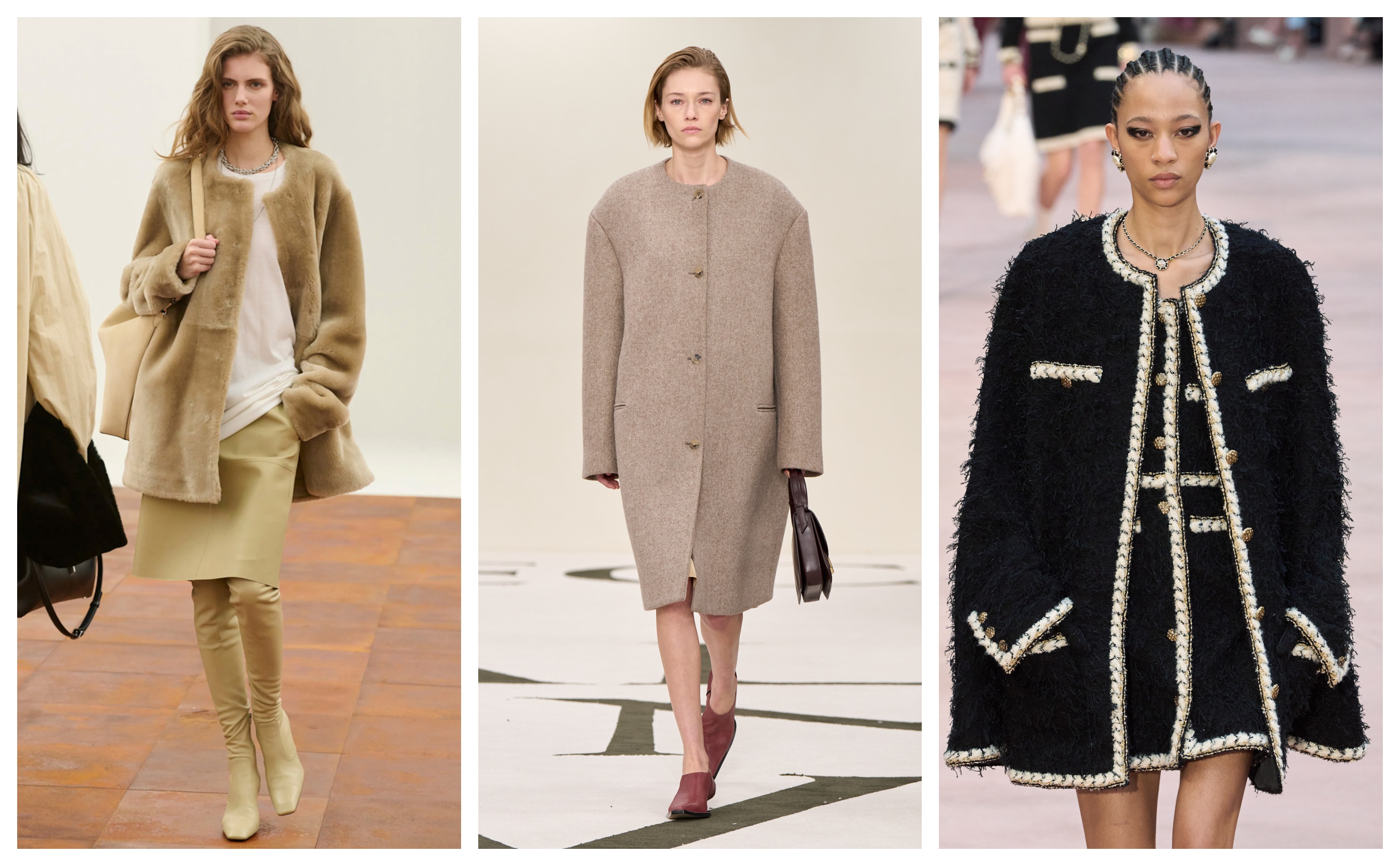 fall 2025 runway images from toteme, calvin klein, and chanel