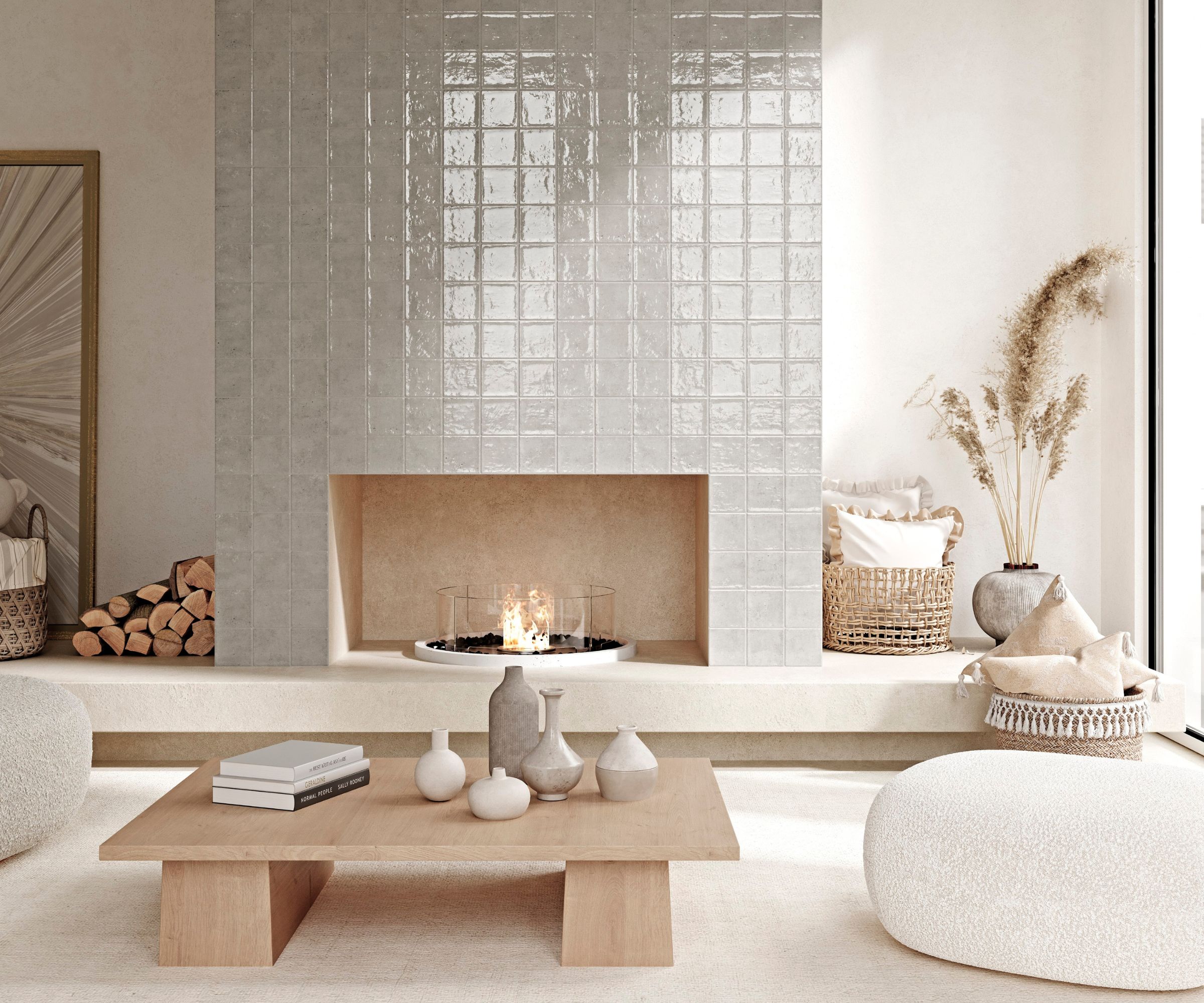 Calming neutral living room featuring a tiled fireplace, light wood coffee table, boucle seating, and natural woven accents.