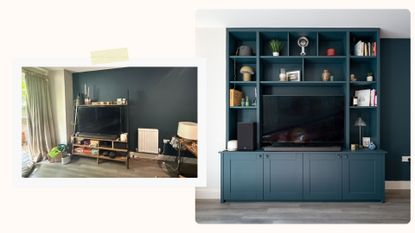 before and after compilation image of a navy blue living room with a freestanding TV unit replaced by a built-in wall unit