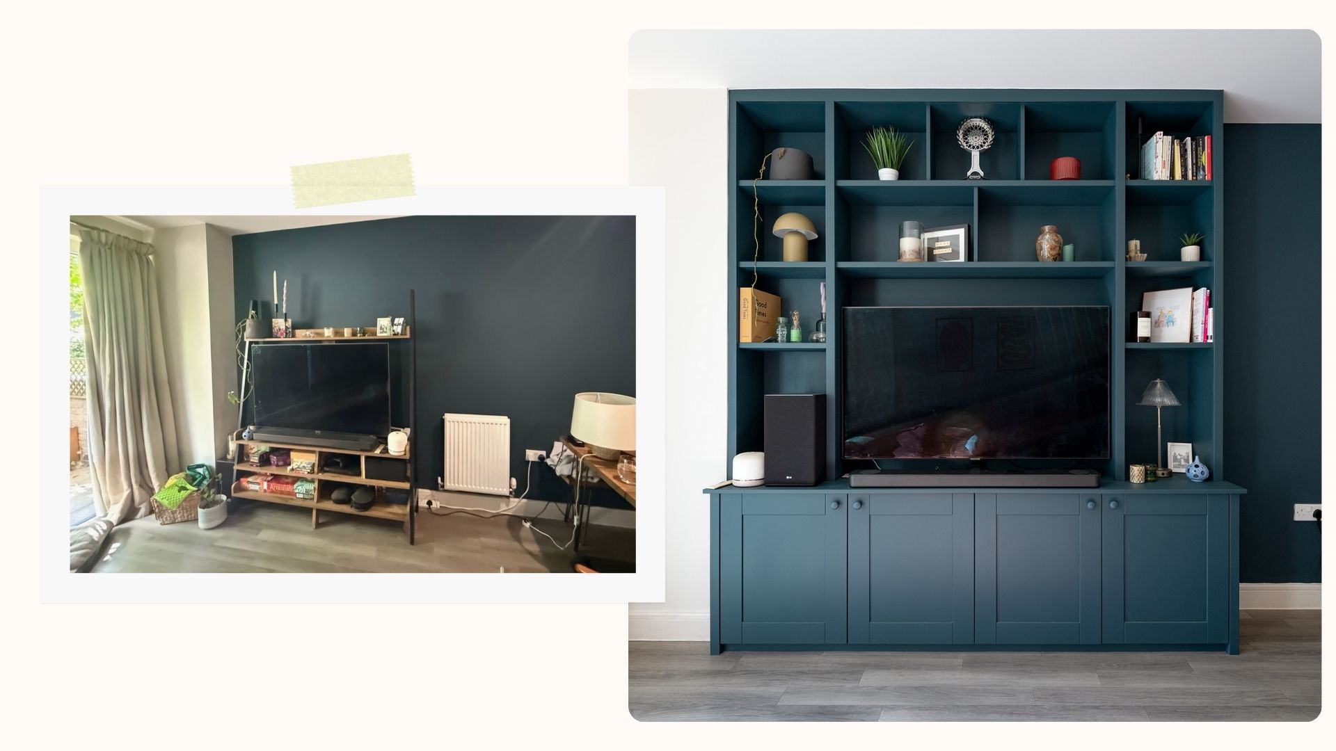 before and after compilation image of a navy blue living room with a freestanding TV unit replaced by a built-in wall unit